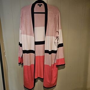 Alfani Open Front Long Cardigan | Size 2X | Blush Pink, Coral & Black Colorblock